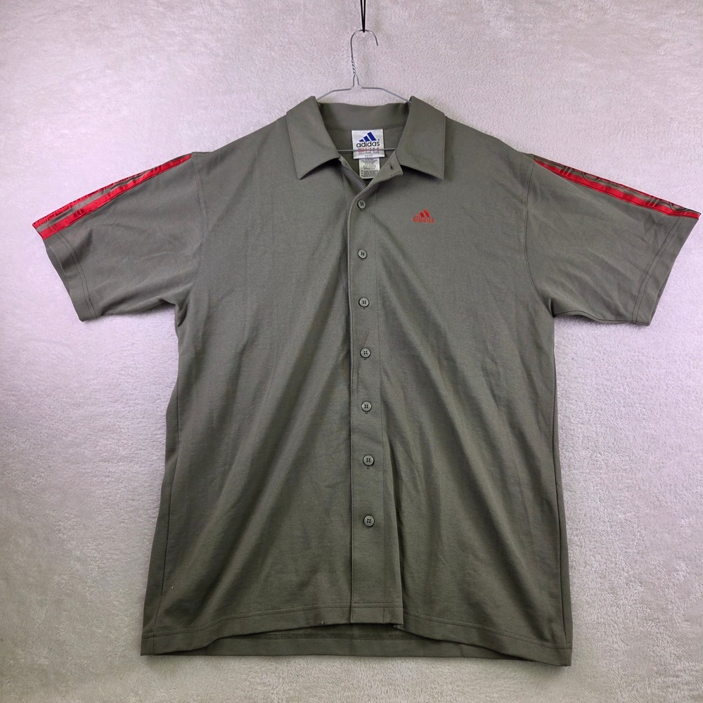 Adidas Mens Large Olive Green Red Stripe Short Sleeve Button Down Shirt 4101